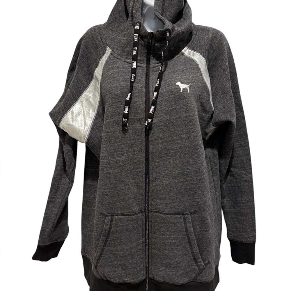 VICTORIA'S SECRET PINK GRAY FUNNEL NECK SILVER ZIP UP HOODIE SWEATSHIRT LARGE